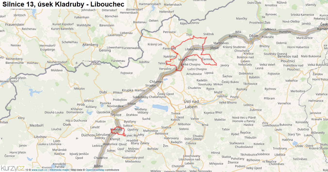 Úsek Kladruby - Libouchec, Silnice 13 - Mapa