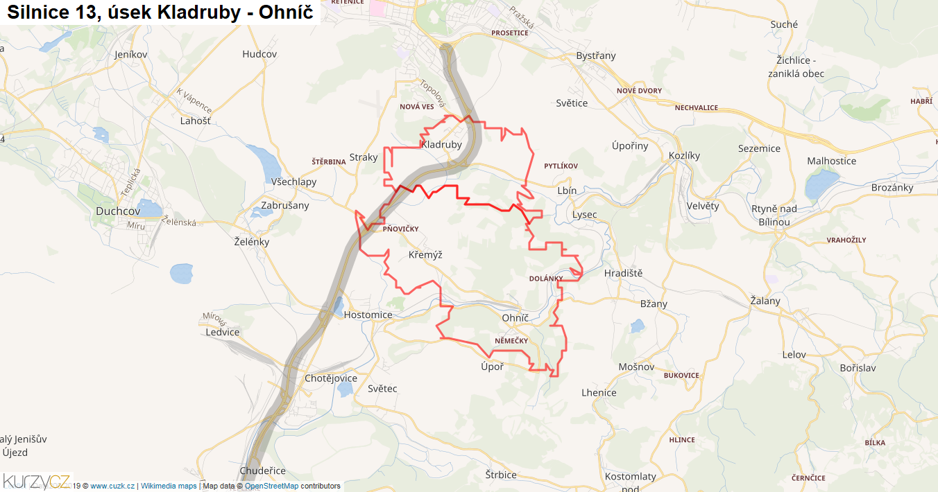 Úsek Kladruby - Ohníč, Silnice 13 - Mapa