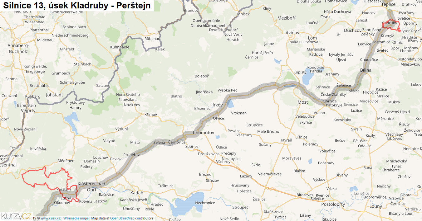 Úsek Kladruby - Perštejn, Silnice 13 - Mapa