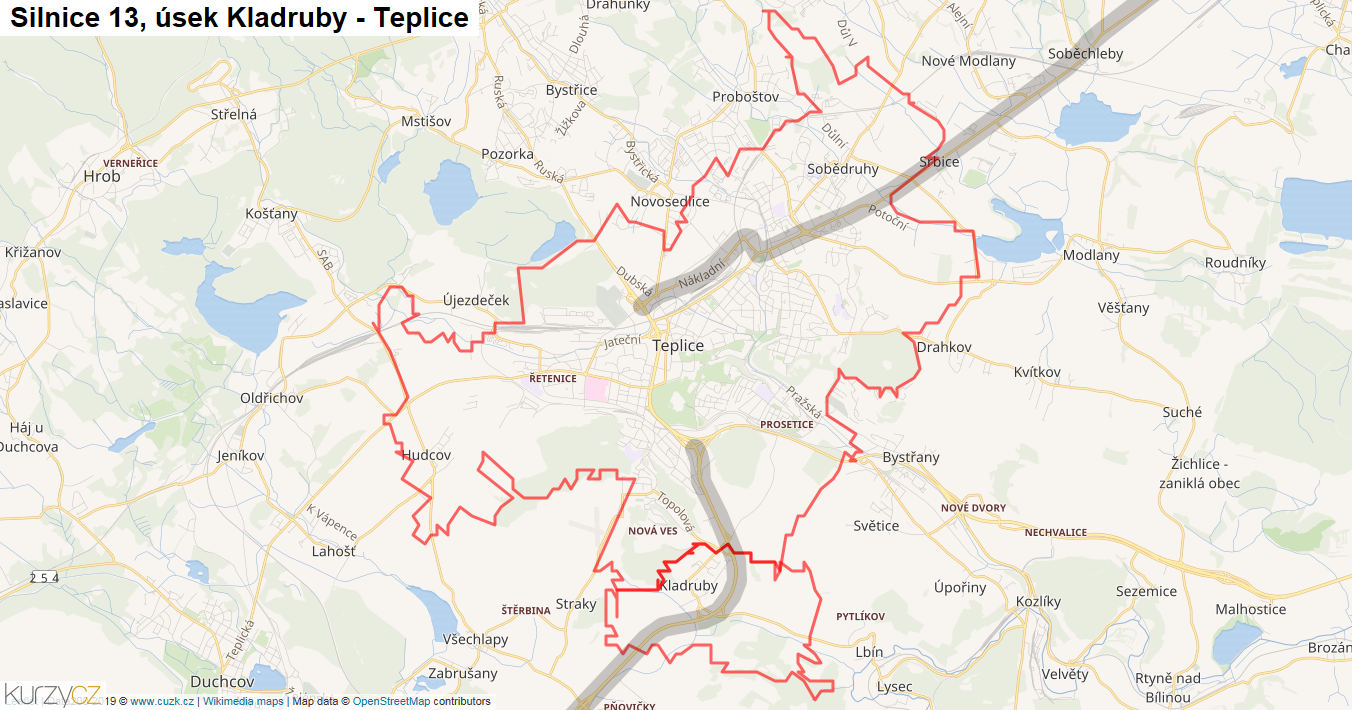 Úsek Kladruby - Teplice, Silnice 13 - Mapa