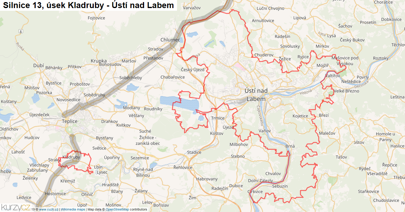 Úsek Kladruby - Ústí nad Labem, Silnice 13 - Mapa