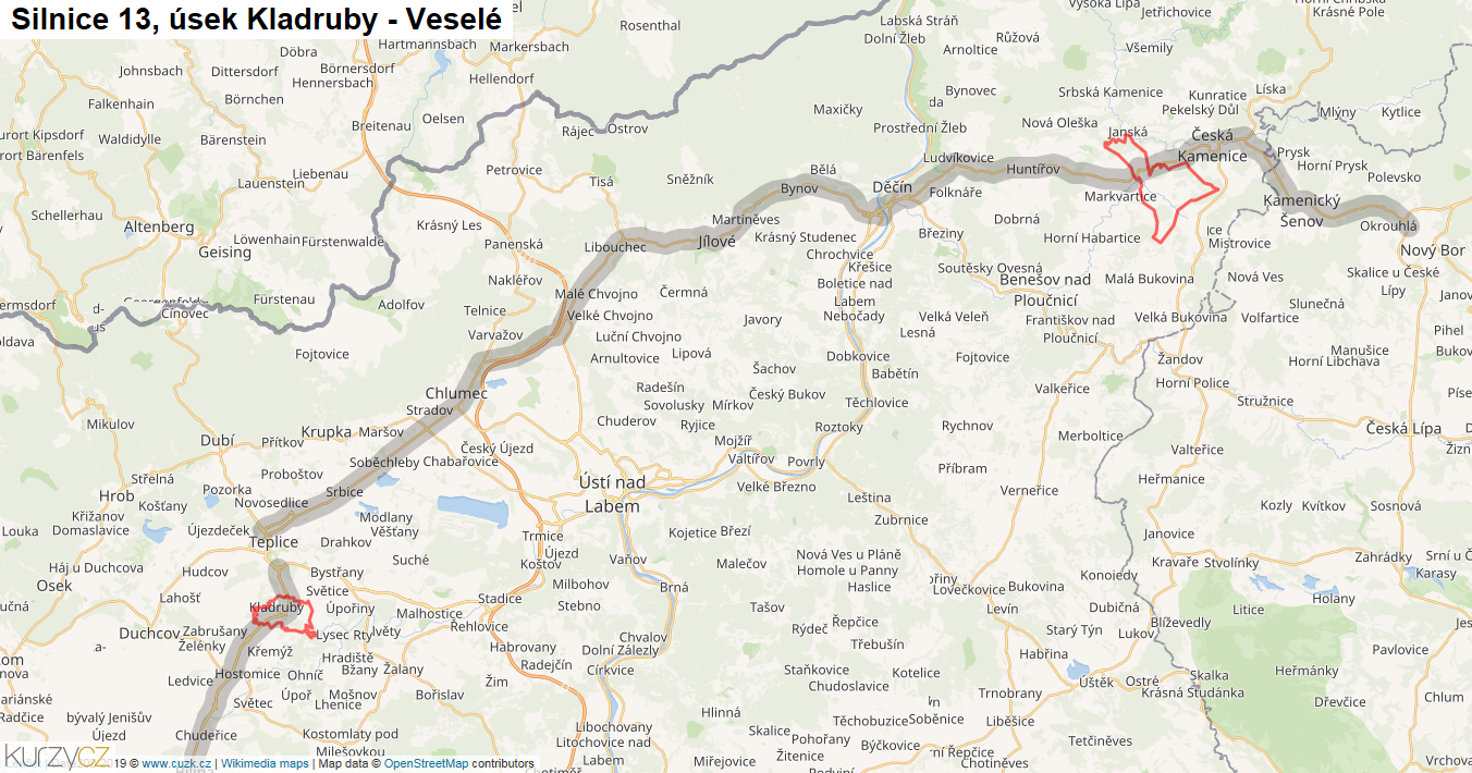 Úsek Kladruby - Veselé, Silnice 13 - Mapa