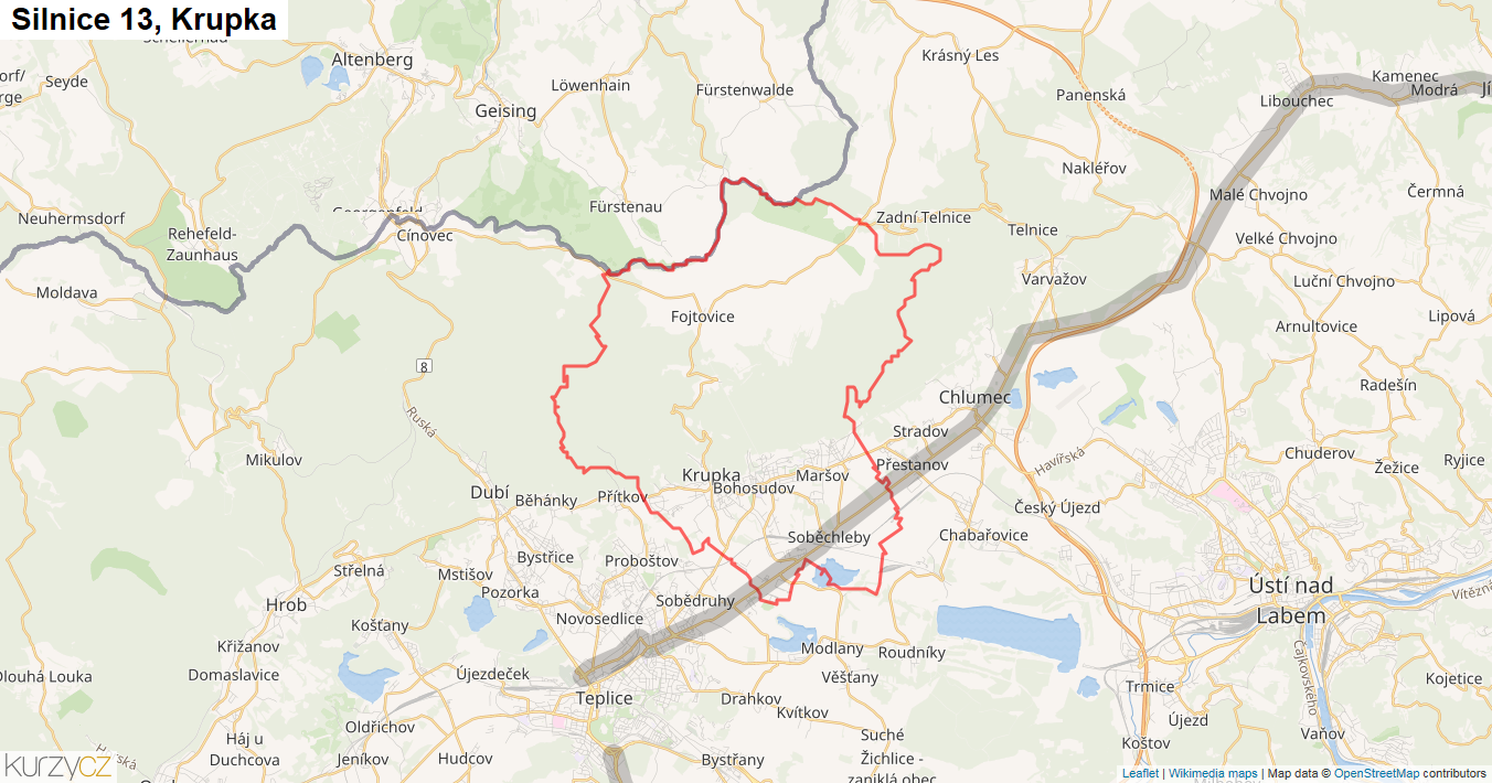 Krupka, Silnice 13 - Mapa