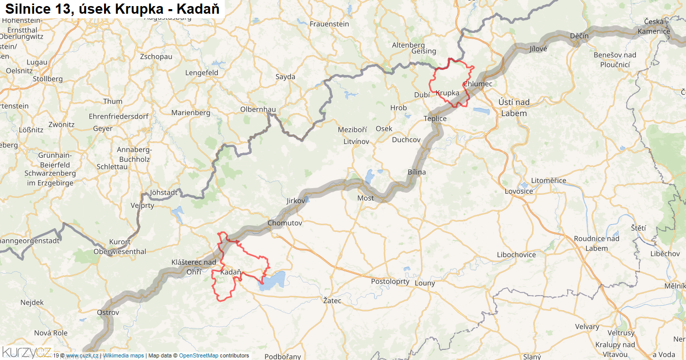 Úsek Krupka - Kadaň, Silnice 13 - Mapa