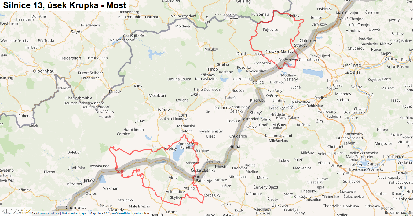 Úsek Krupka - Most, Silnice 13 - Mapa