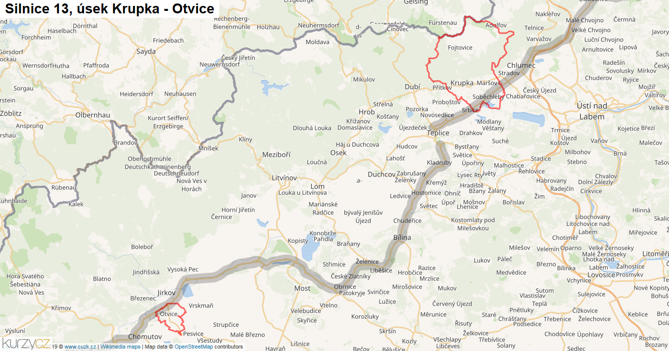 Úsek Krupka - Otvice, Silnice 13 - Mapa