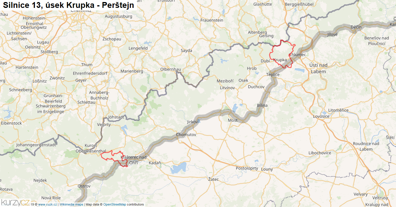 Úsek Krupka - Perštejn, Silnice 13 - Mapa