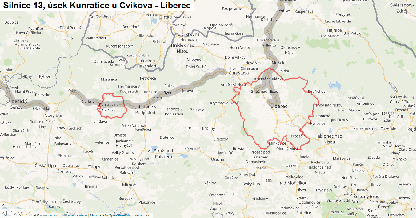 Úsek Kunratice u Cvikova - Liberec, Silnice 13 - Mapa