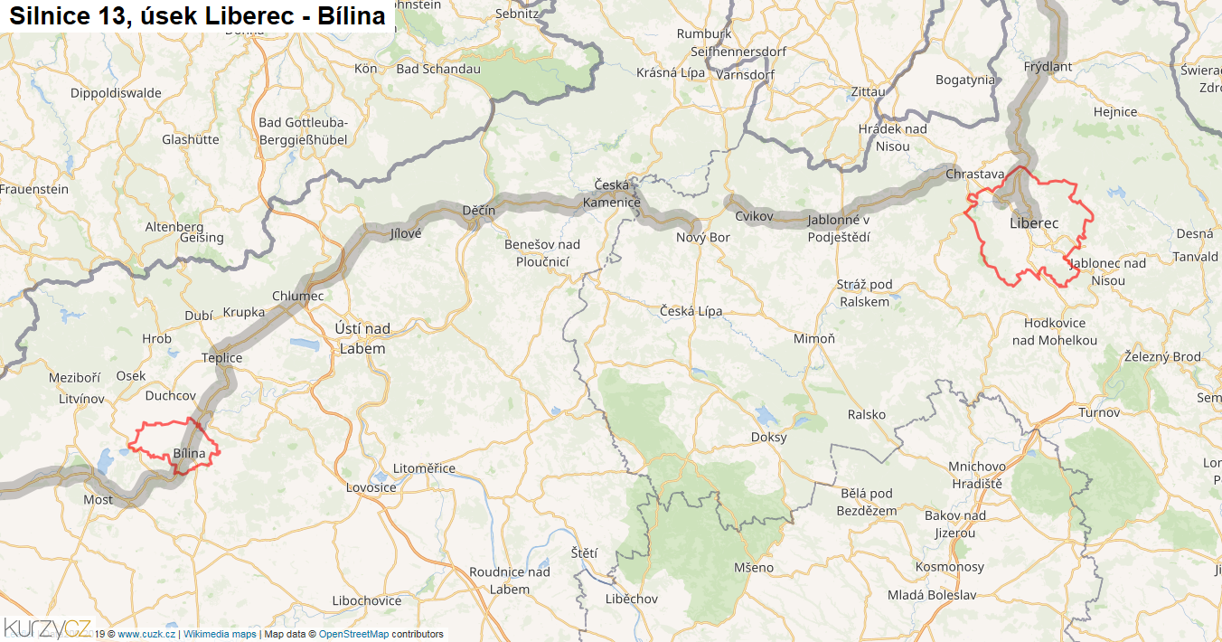 Úsek Liberec - Bílina, Silnice 13 - Mapa