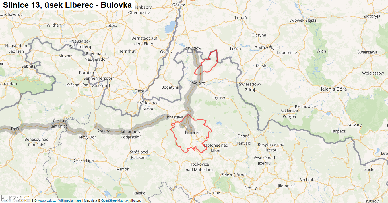 Úsek Liberec - Bulovka, Silnice 13 - Mapa