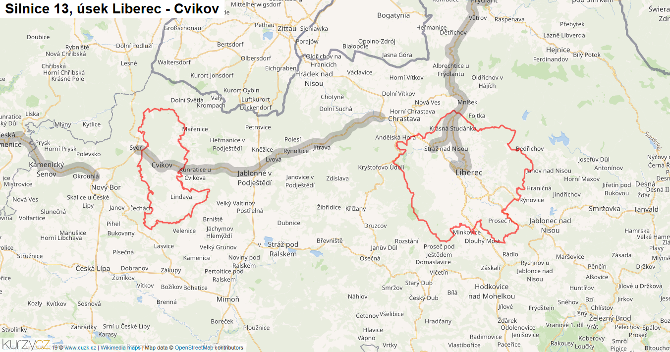 Úsek Liberec - Cvikov, Silnice 13 - Mapa
