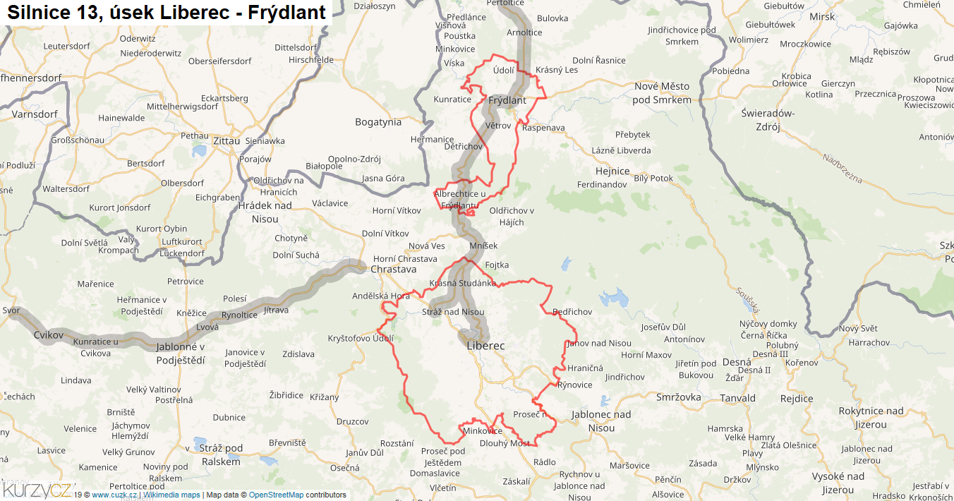 Úsek Liberec - Frýdlant, Silnice 13 - Mapa