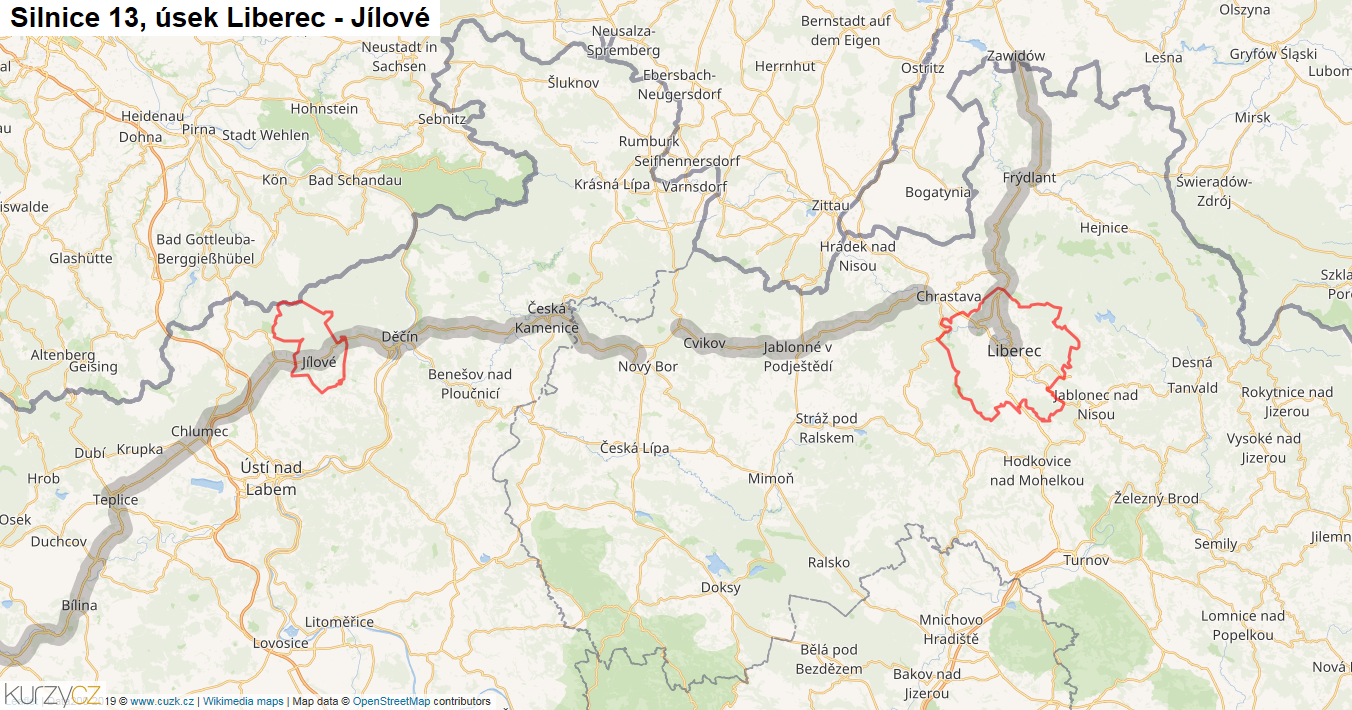 Úsek Liberec - Jílové, Silnice 13 - Mapa