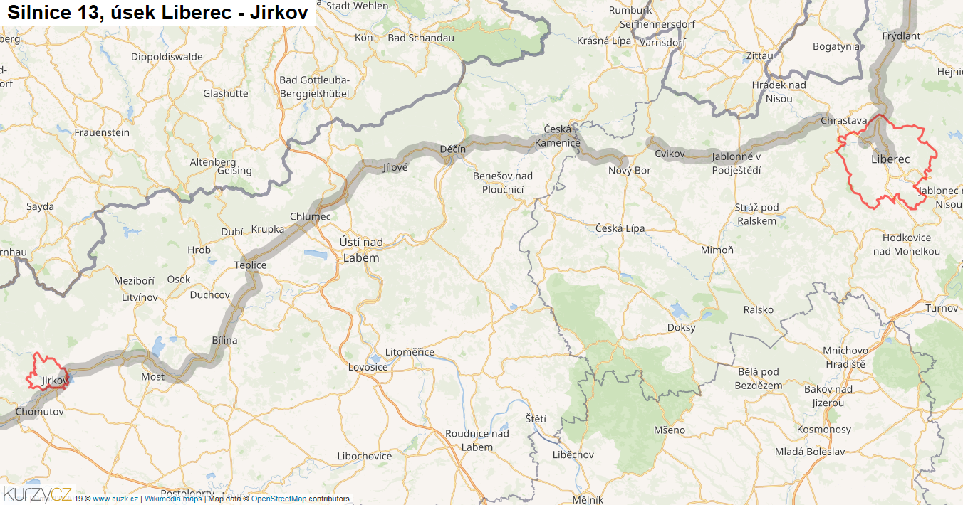 Úsek Liberec - Jirkov, Silnice 13 - Mapa