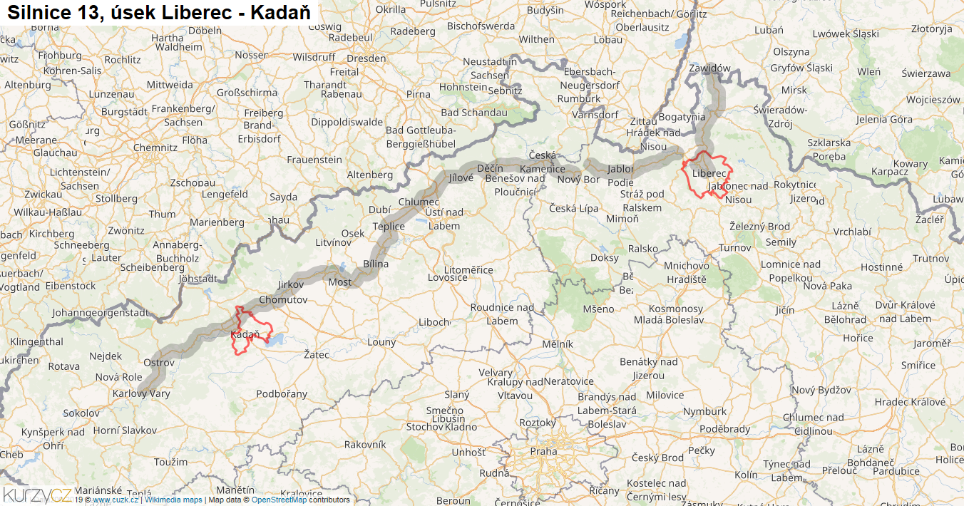Úsek Liberec - Kadaň, Silnice 13 - Mapa