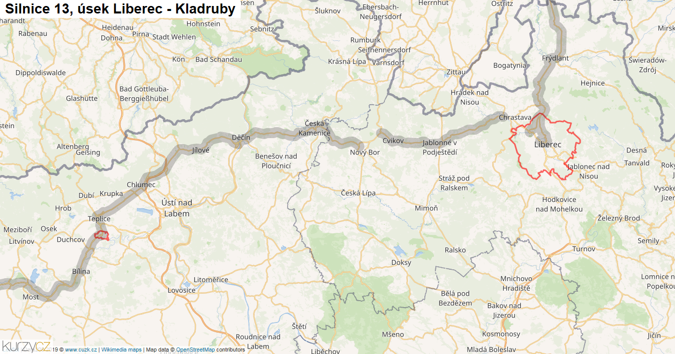 Úsek Liberec - Kladruby, Silnice 13 - Mapa