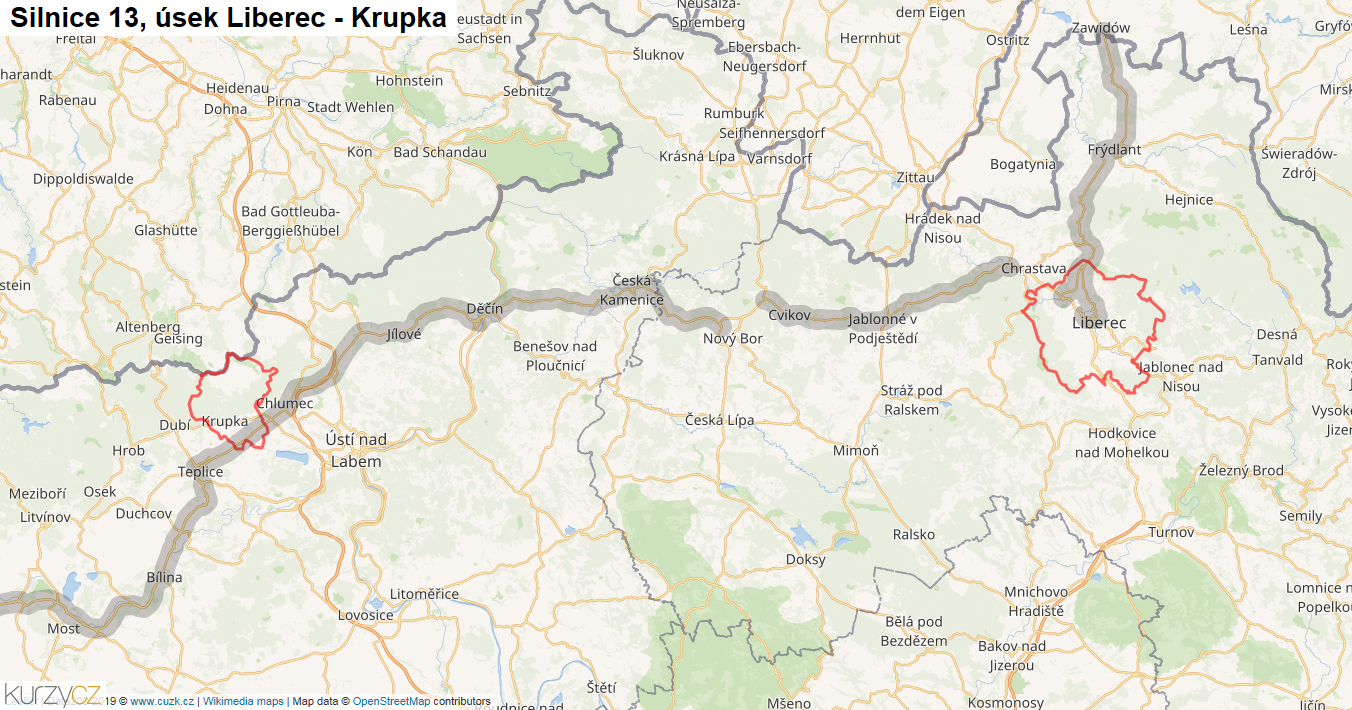 Úsek Liberec - Krupka, Silnice 13 - Mapa