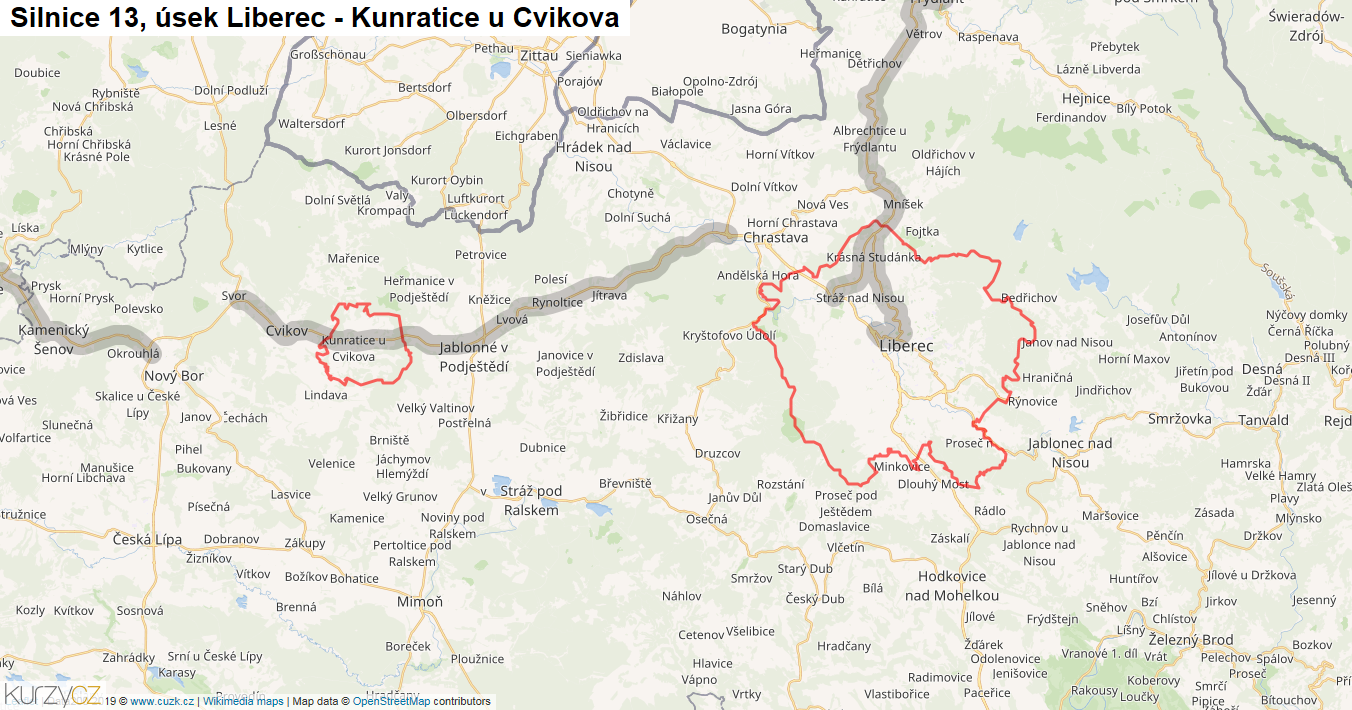 Úsek Liberec - Kunratice u Cvikova, Silnice 13 - Mapa