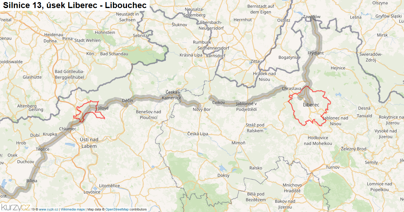 Úsek Liberec - Libouchec, Silnice 13 - Mapa