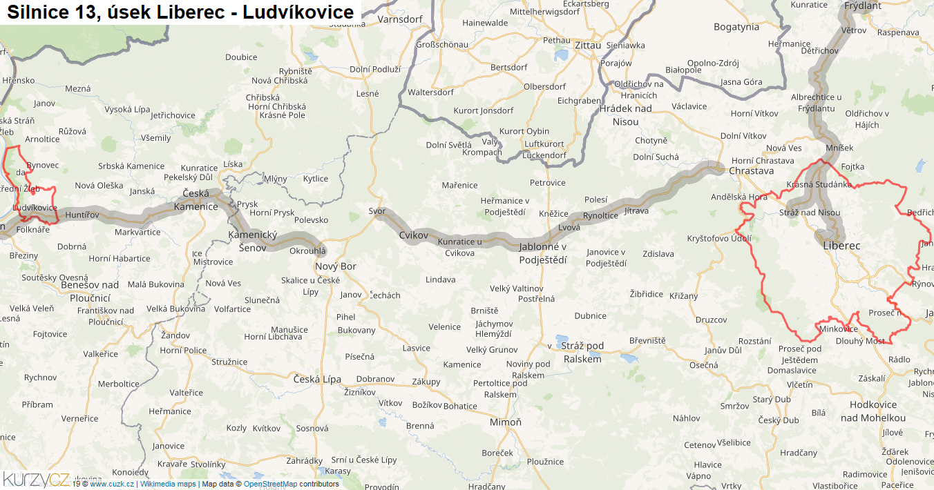 Úsek Liberec - Ludvíkovice, Silnice 13 - Mapa