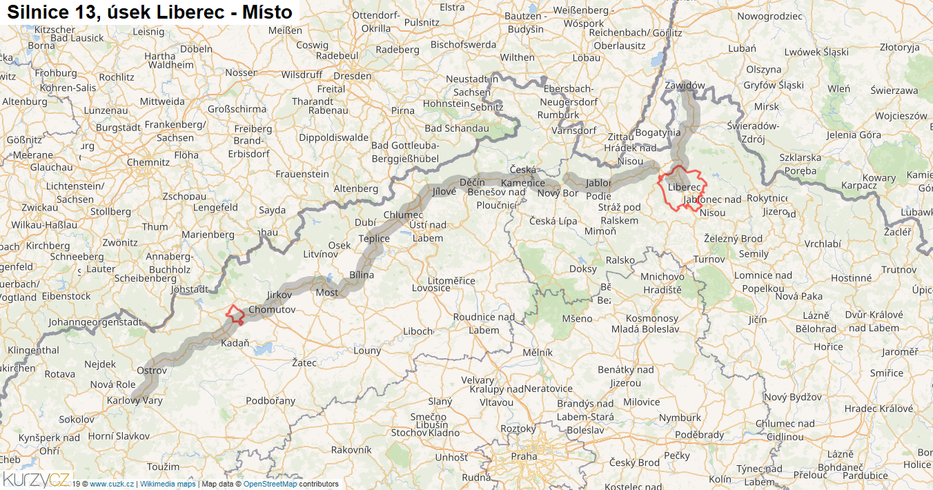 Úsek Liberec - Místo, Silnice 13 - Mapa