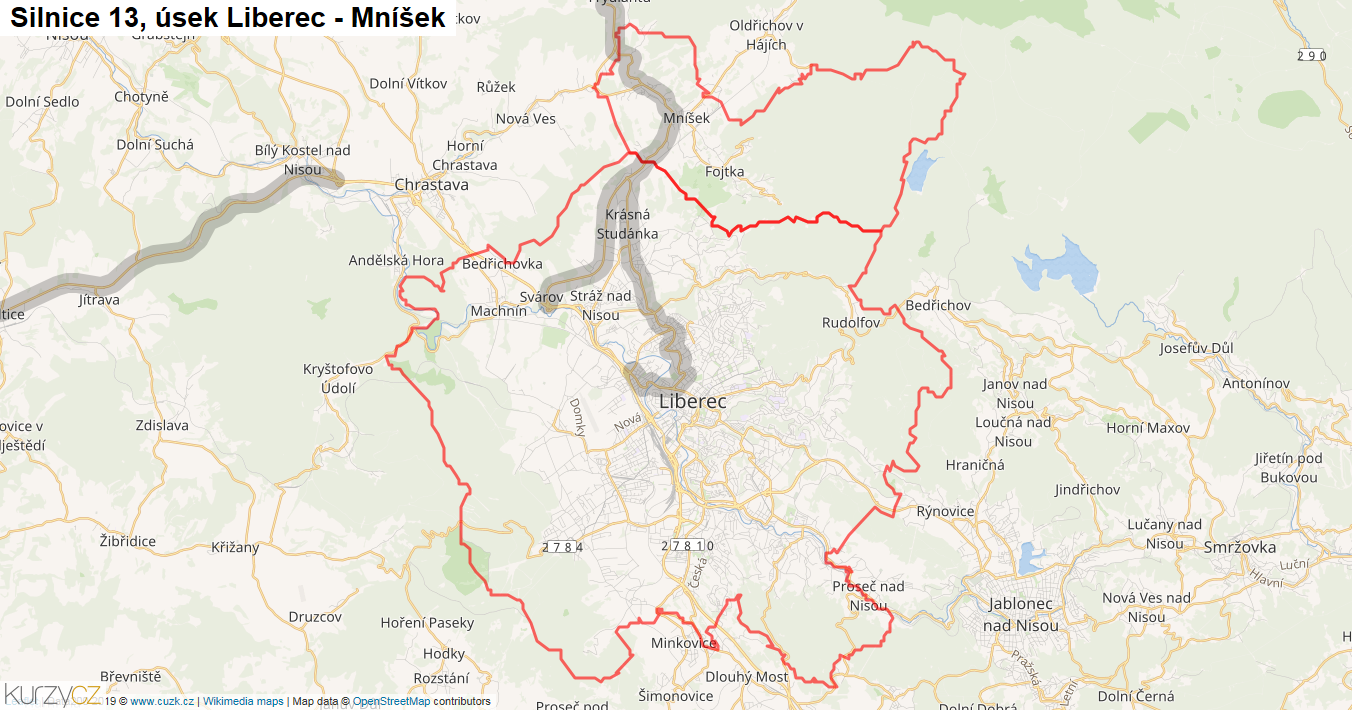 Úsek Liberec - Mníšek, Silnice 13 - Mapa