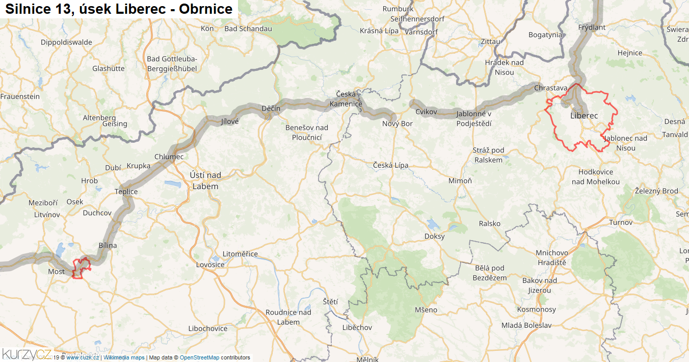Úsek Liberec - Obrnice, Silnice 13 - Mapa