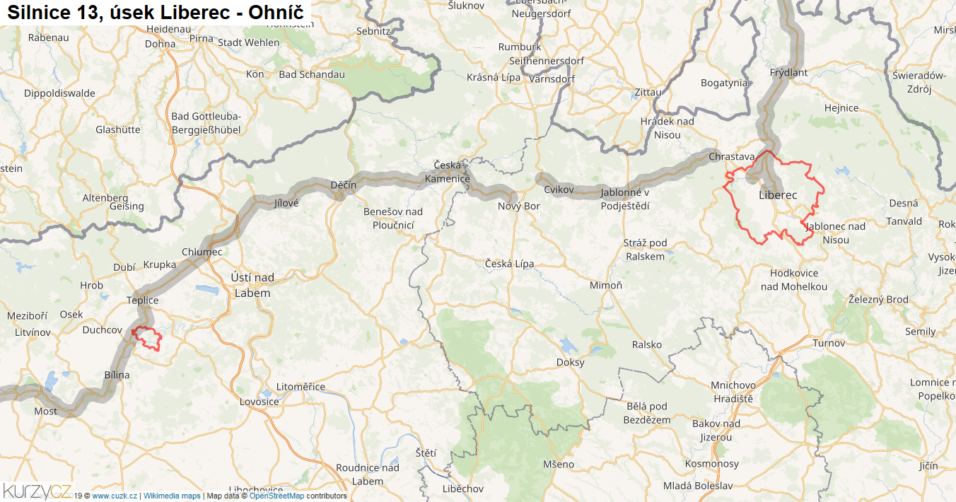 Úsek Liberec - Ohníč, Silnice 13 - Mapa