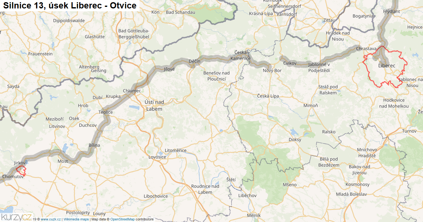 Úsek Liberec - Otvice, Silnice 13 - Mapa