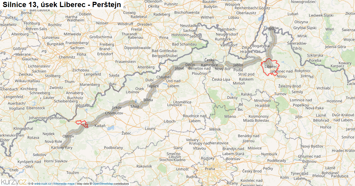 Úsek Liberec - Perštejn, Silnice 13 - Mapa