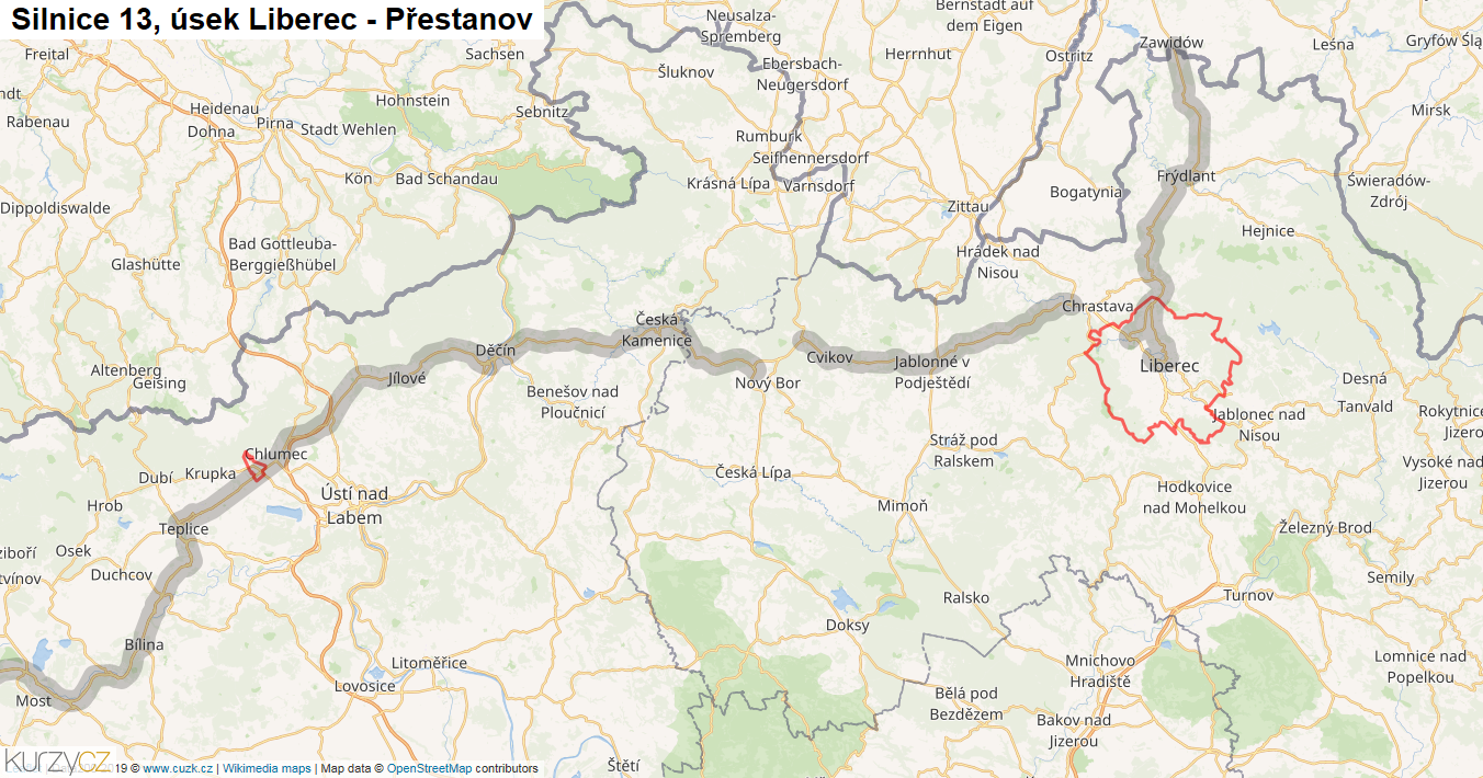 Úsek Liberec - Přestanov, Silnice 13 - Mapa