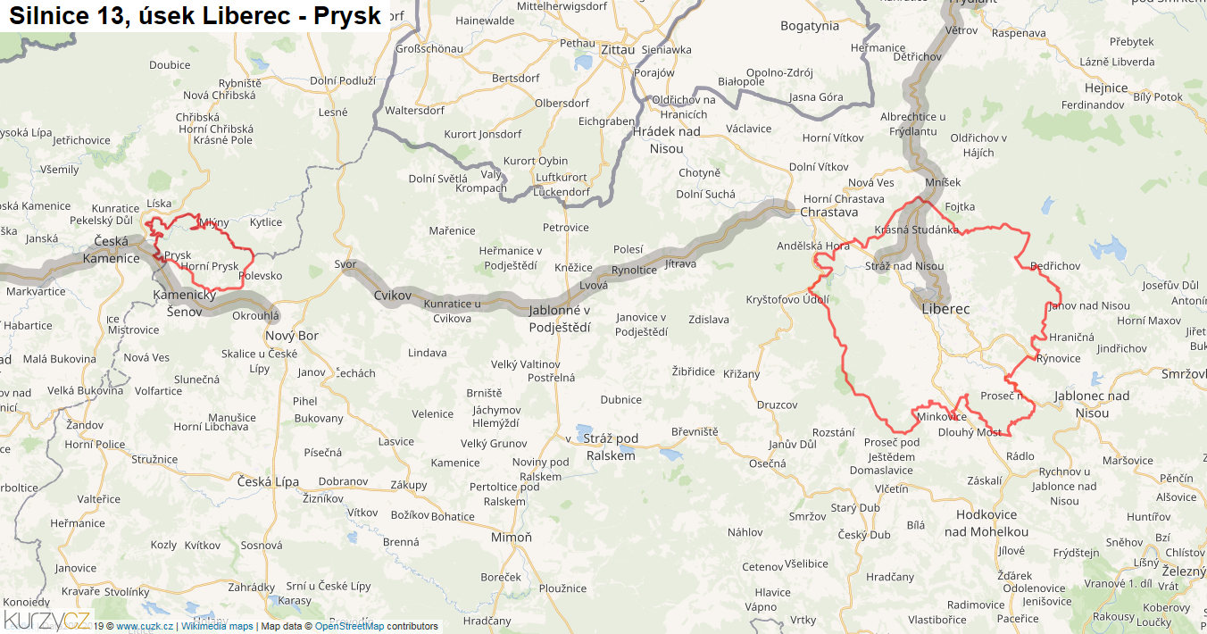 Úsek Liberec - Prysk, Silnice 13 - Mapa