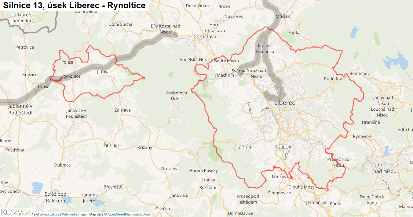 Úsek Liberec - Rynoltice, Silnice 13 - Mapa