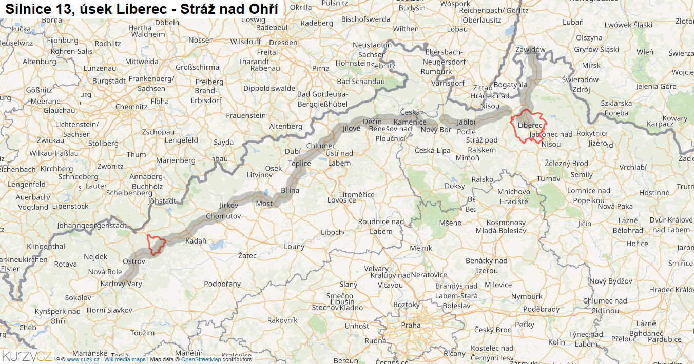 Úsek Liberec - Stráž nad Ohří, Silnice 13 - Mapa