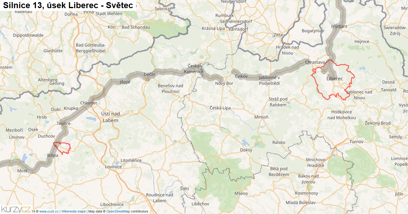Úsek Liberec - Světec, Silnice 13 - Mapa