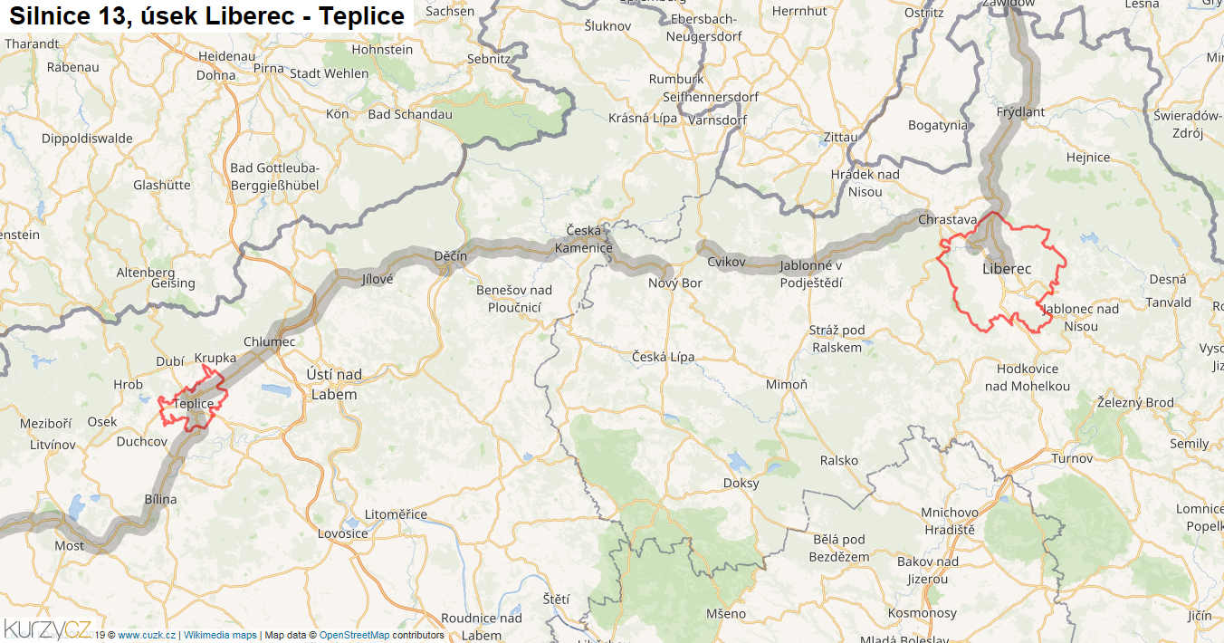 Úsek Liberec - Teplice, Silnice 13 - Mapa