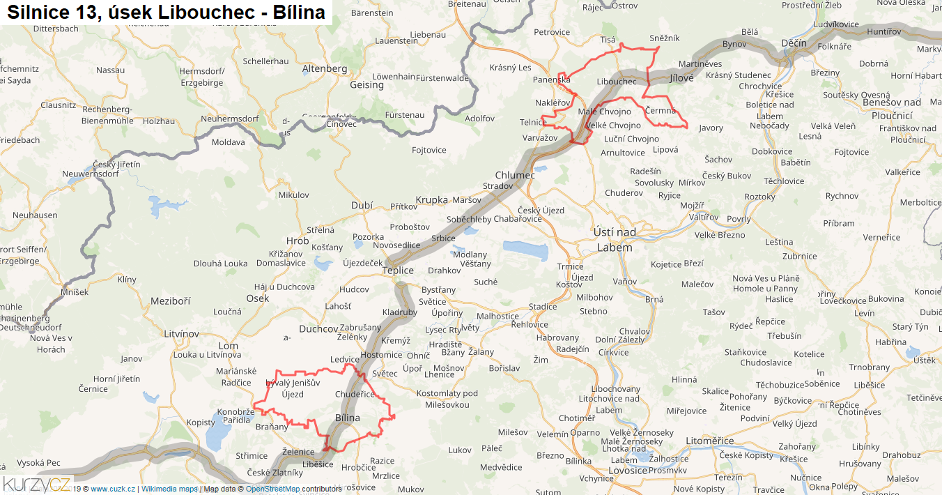 Úsek Libouchec - Bílina, Silnice 13 - Mapa