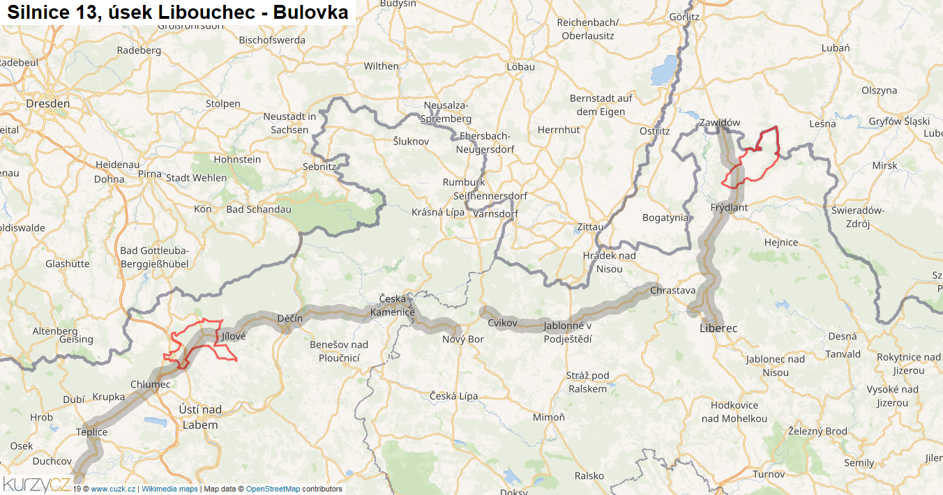Úsek Libouchec - Bulovka, Silnice 13 - Mapa