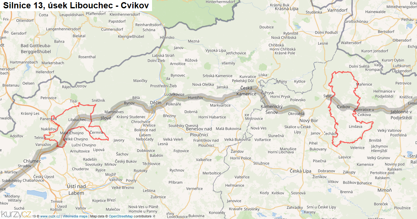 Úsek Libouchec - Cvikov, Silnice 13 - Mapa