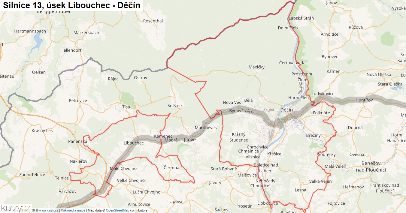 Úsek Libouchec - Děčín, Silnice 13 - Mapa