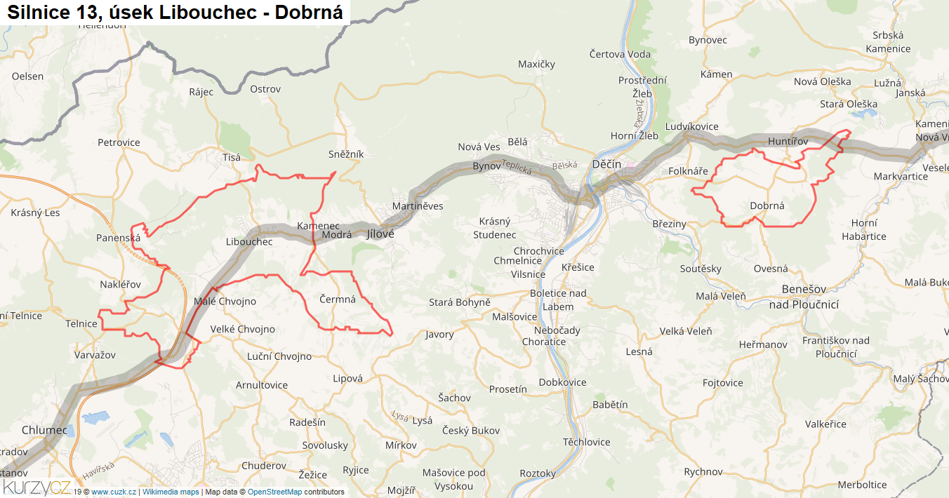 Úsek Libouchec - Dobrná, Silnice 13 - Mapa