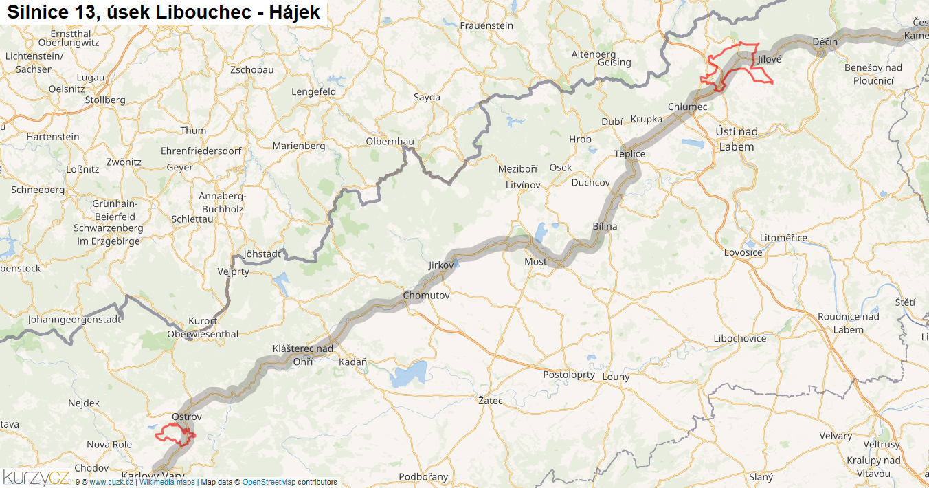 Úsek Libouchec - Hájek, Silnice 13 - Mapa