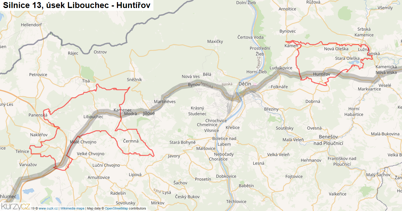 Úsek Libouchec - Huntířov, Silnice 13 - Mapa