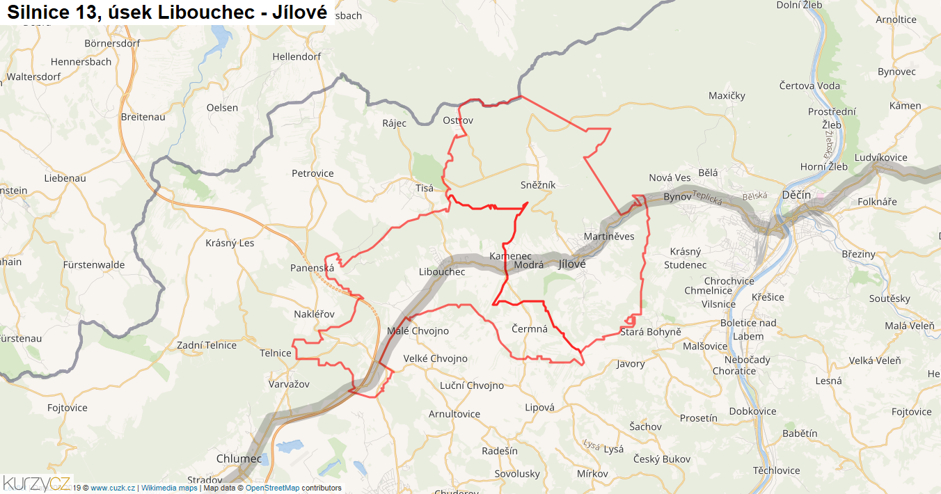 Úsek Libouchec - Jílové, Silnice 13 - Mapa