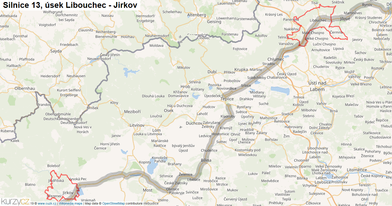 Úsek Libouchec - Jirkov, Silnice 13 - Mapa