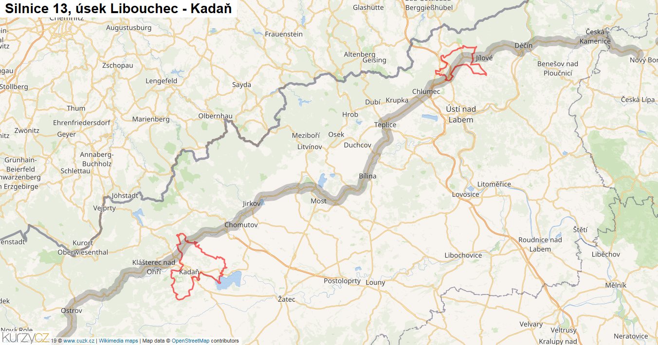 Úsek Libouchec - Kadaň, Silnice 13 - Mapa