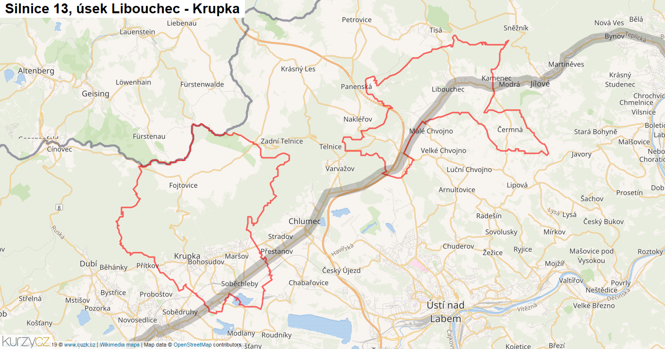 Úsek Libouchec - Krupka, Silnice 13 - Mapa