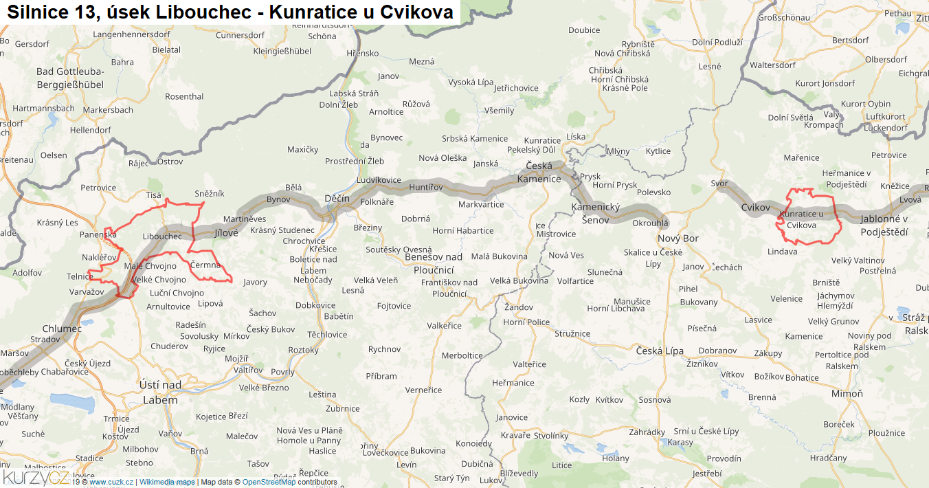 Úsek Libouchec - Kunratice u Cvikova, Silnice 13 - Mapa