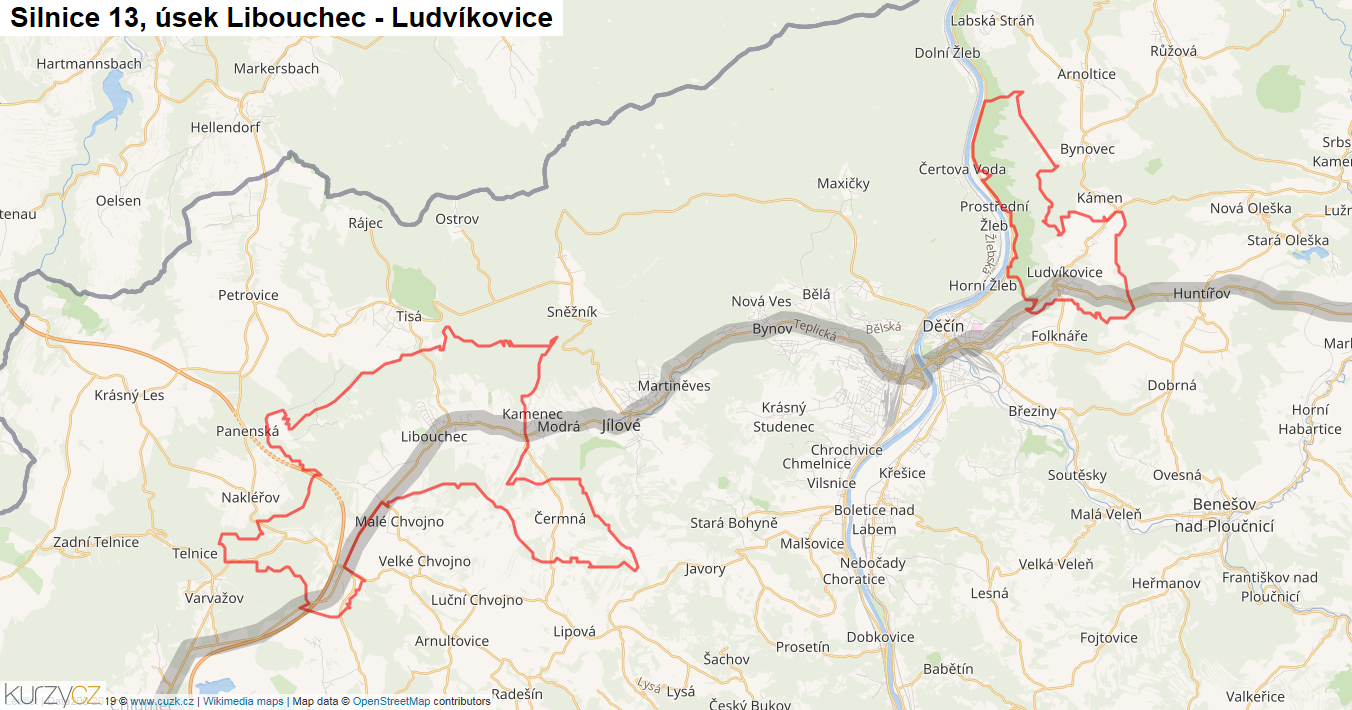 Úsek Libouchec - Ludvíkovice, Silnice 13 - Mapa