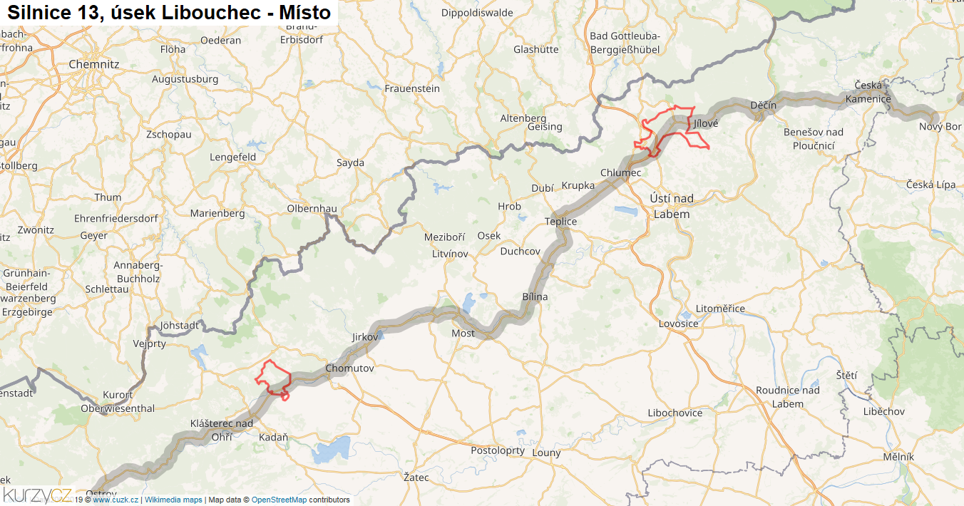 Úsek Libouchec - Místo, Silnice 13 - Mapa